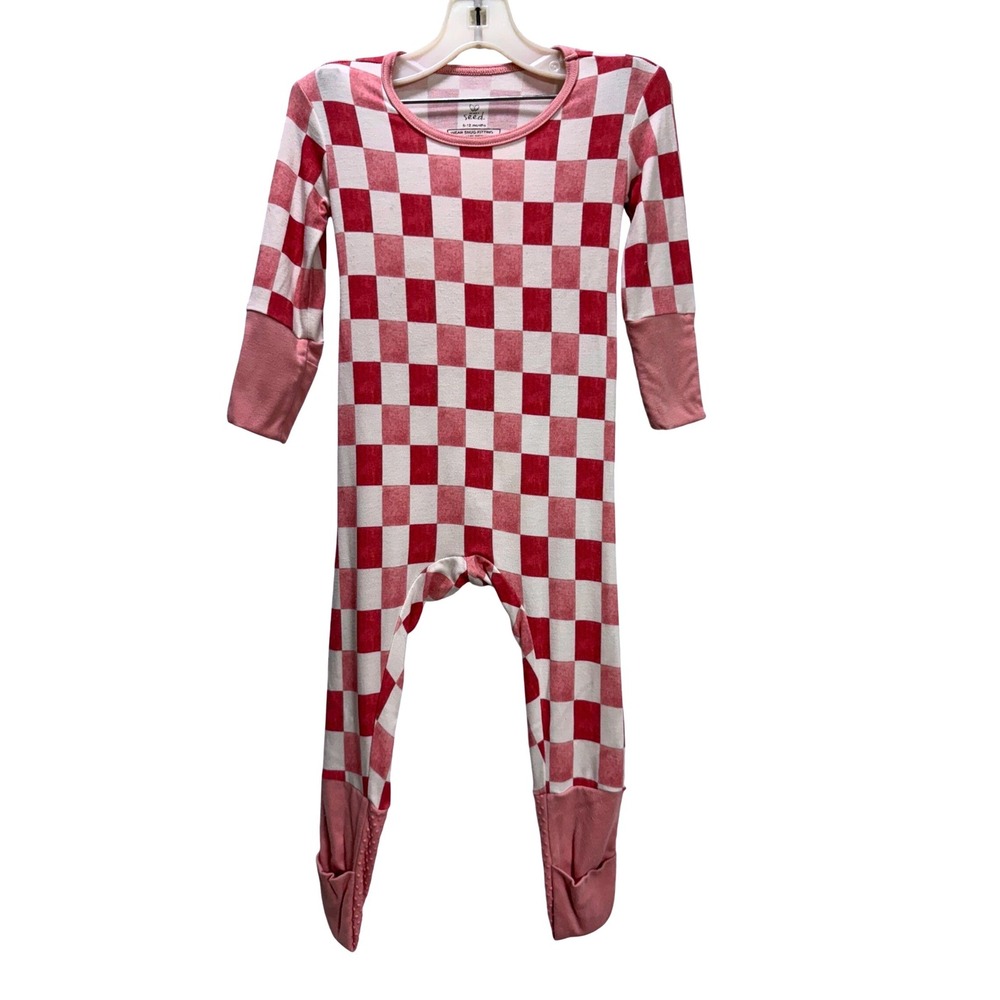 The Simple Seed Footie Sleeper Red/Pink Checkered Bamboo Viscose  6-12 Months